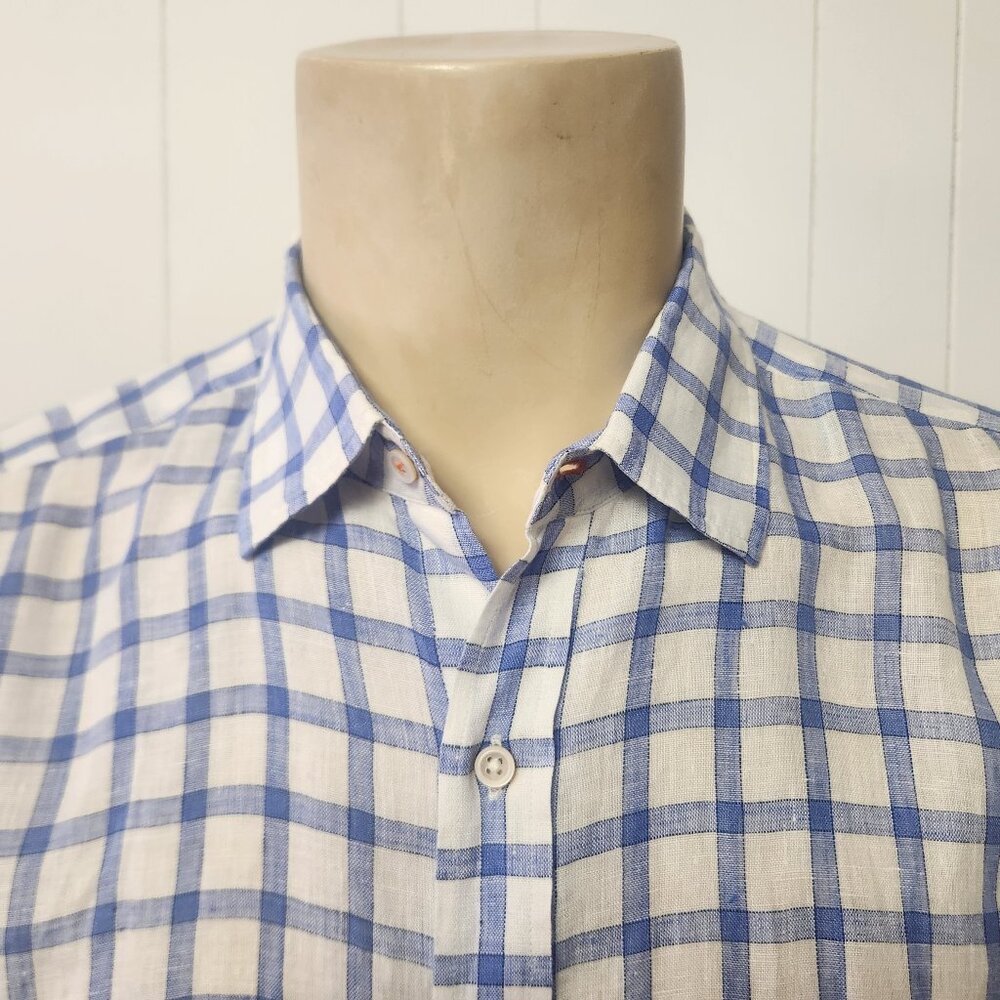 men's linen shirt L blue white check J McLaughlin
